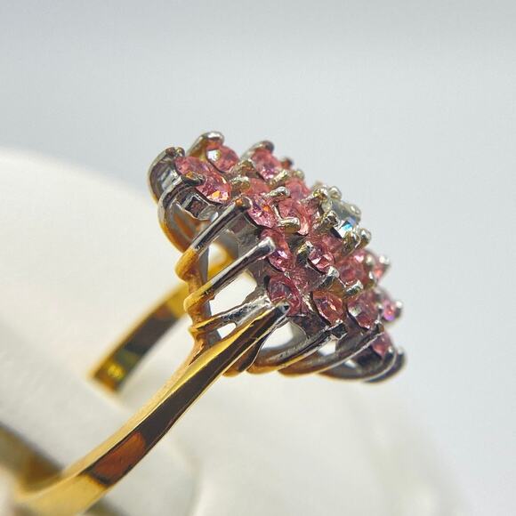 Gold and Silver Tone Ring Pink Clear Glass Cubic Zirconia Cocktail Unmarked SZ 7 - Picture 8 of 13